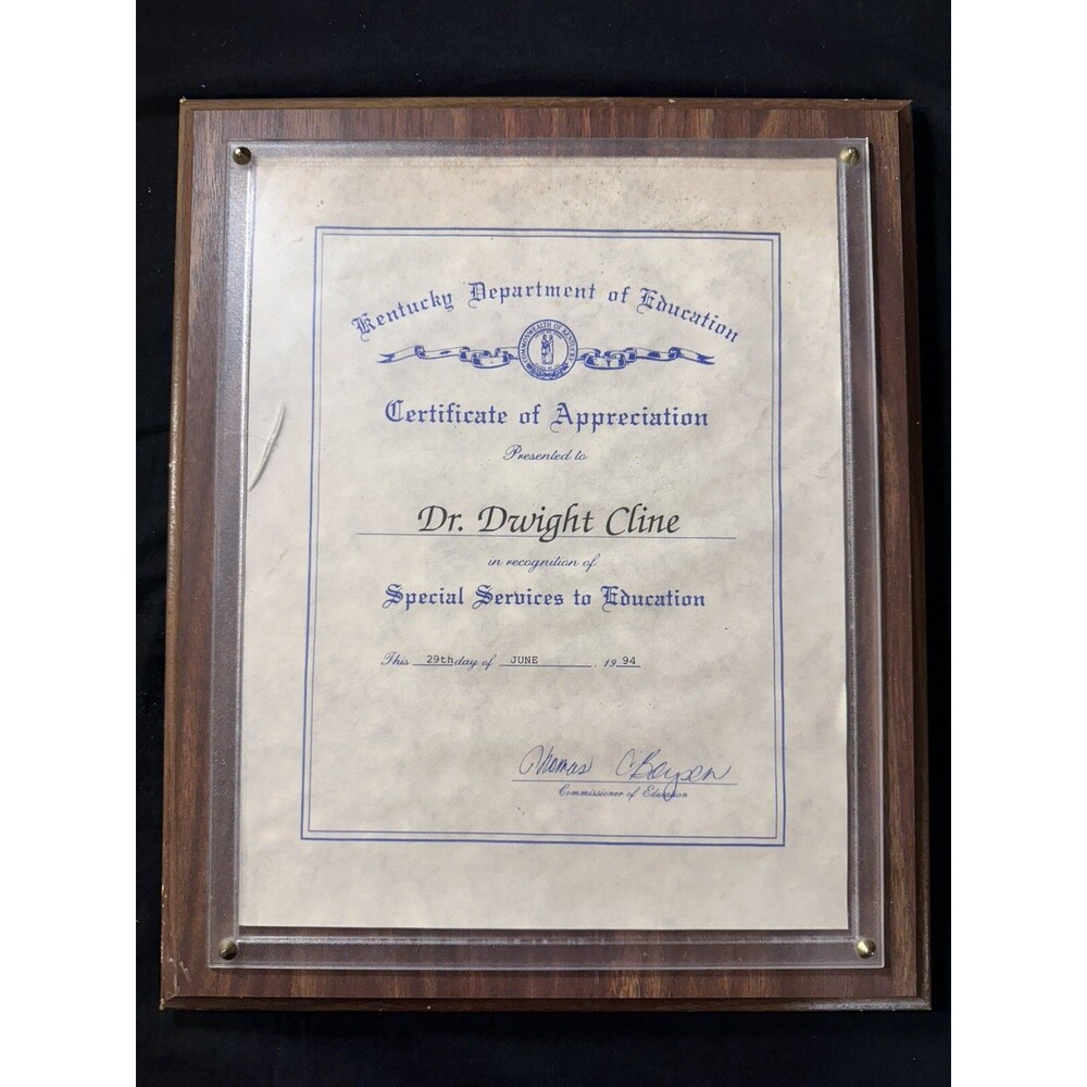 1994 Kentucky Dept of Education Plaque Dr. Dwight Cline Services Education Award